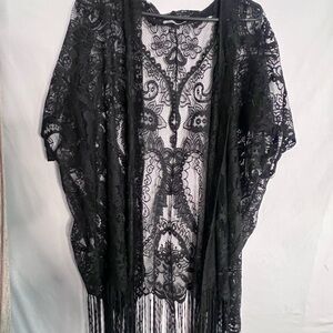 Chic Black Lace Kimono with Fringe